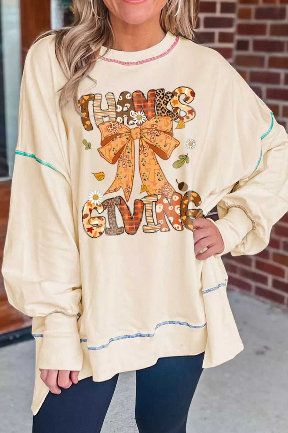 Thanksgiving Graphic Crew Neck Sweatshirt OutfitFlow