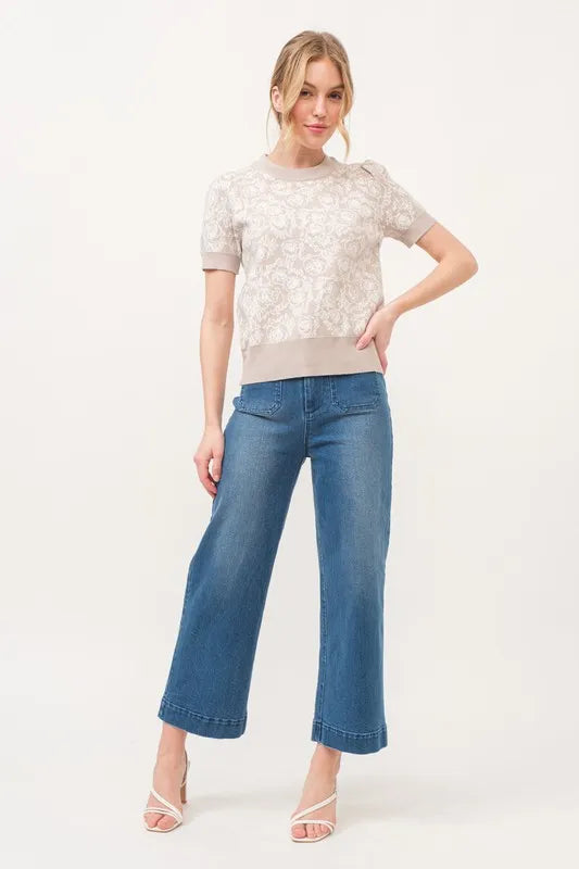 And The Why Short Sleeve Rose Pattern Knit Top OutfitFlow