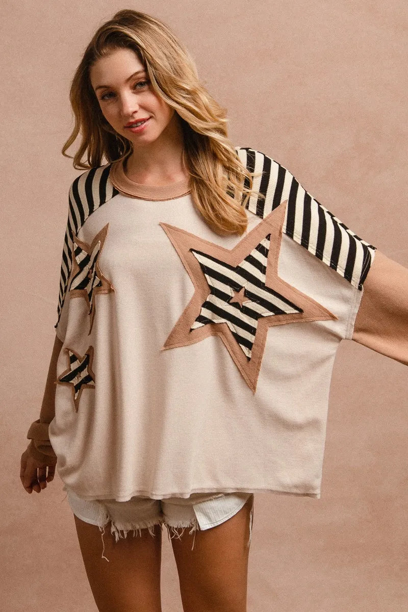 BiBi Star Patchwork Mixed Long Sleeve Top OutfitFlow