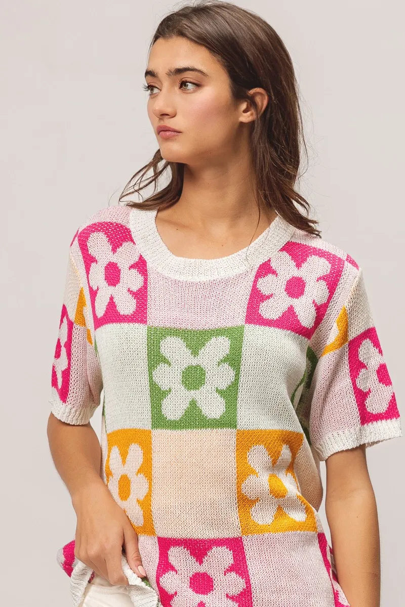 BiBi Flower Checker Pattern Lightweight Sweater Top OutfitFlow