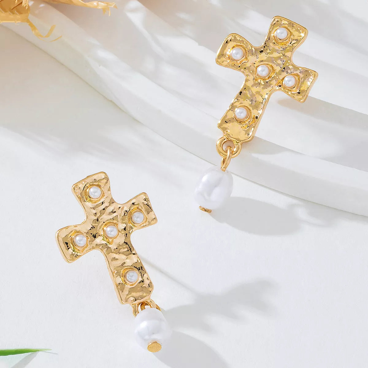 18K Gold-Plated Synthetic Pearl Cross Drop Earrings OutfitFlow