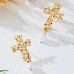 18K Gold-Plated Synthetic Pearl Cross Drop Earrings OutfitFlow