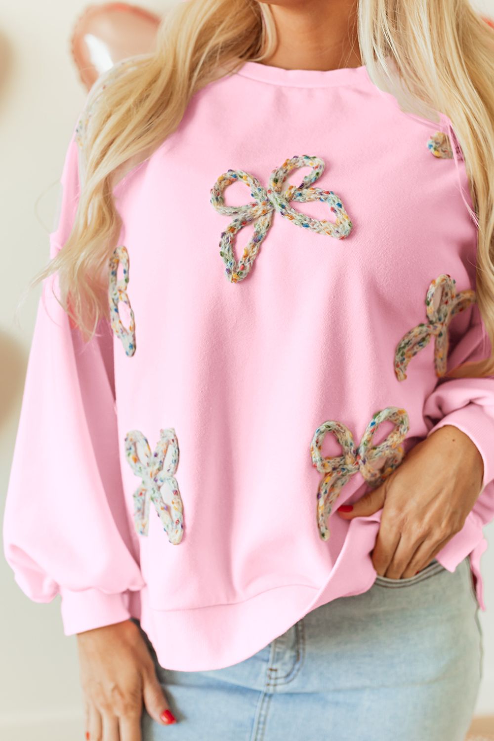 Outfit Flow - Bow Round Neck Long Sleeve Sweatshirt