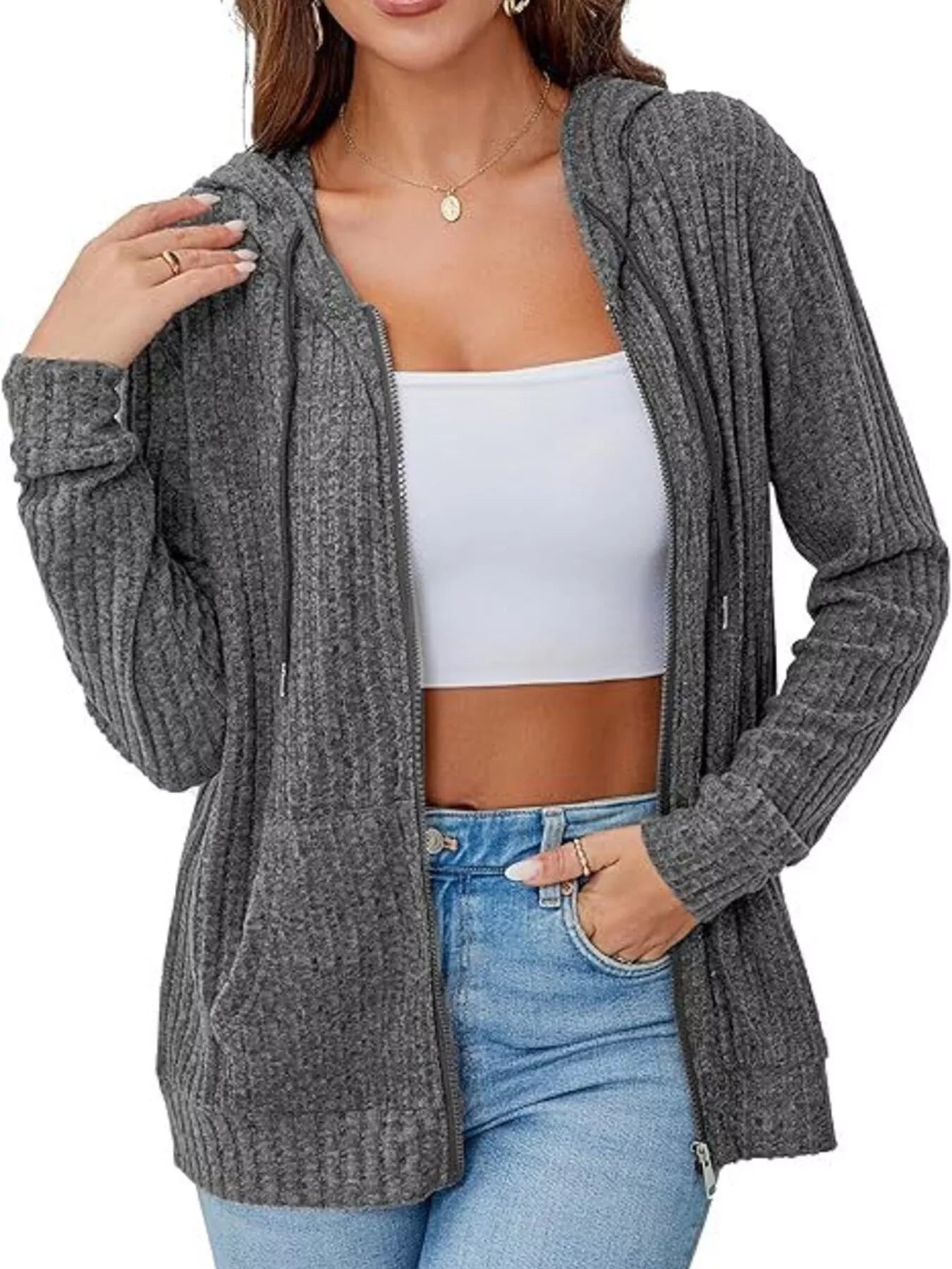 Ribbed Zip Up Hooded Outerwear Dark Gray Trendsi