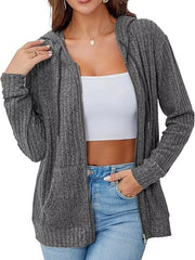Ribbed Zip Up Hooded Outerwear Dark Gray Trendsi