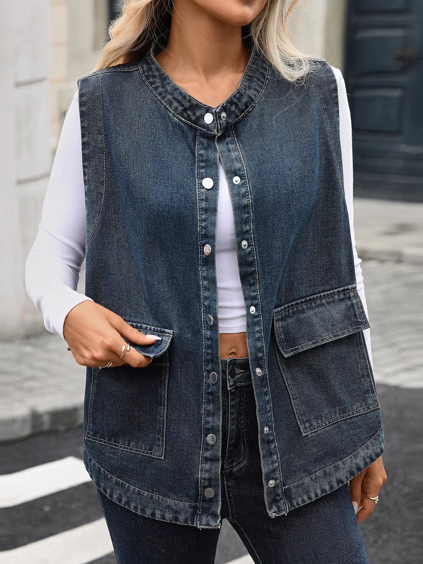 Snap Down Sleeveless Denim Jacket Blue OutfitFlow