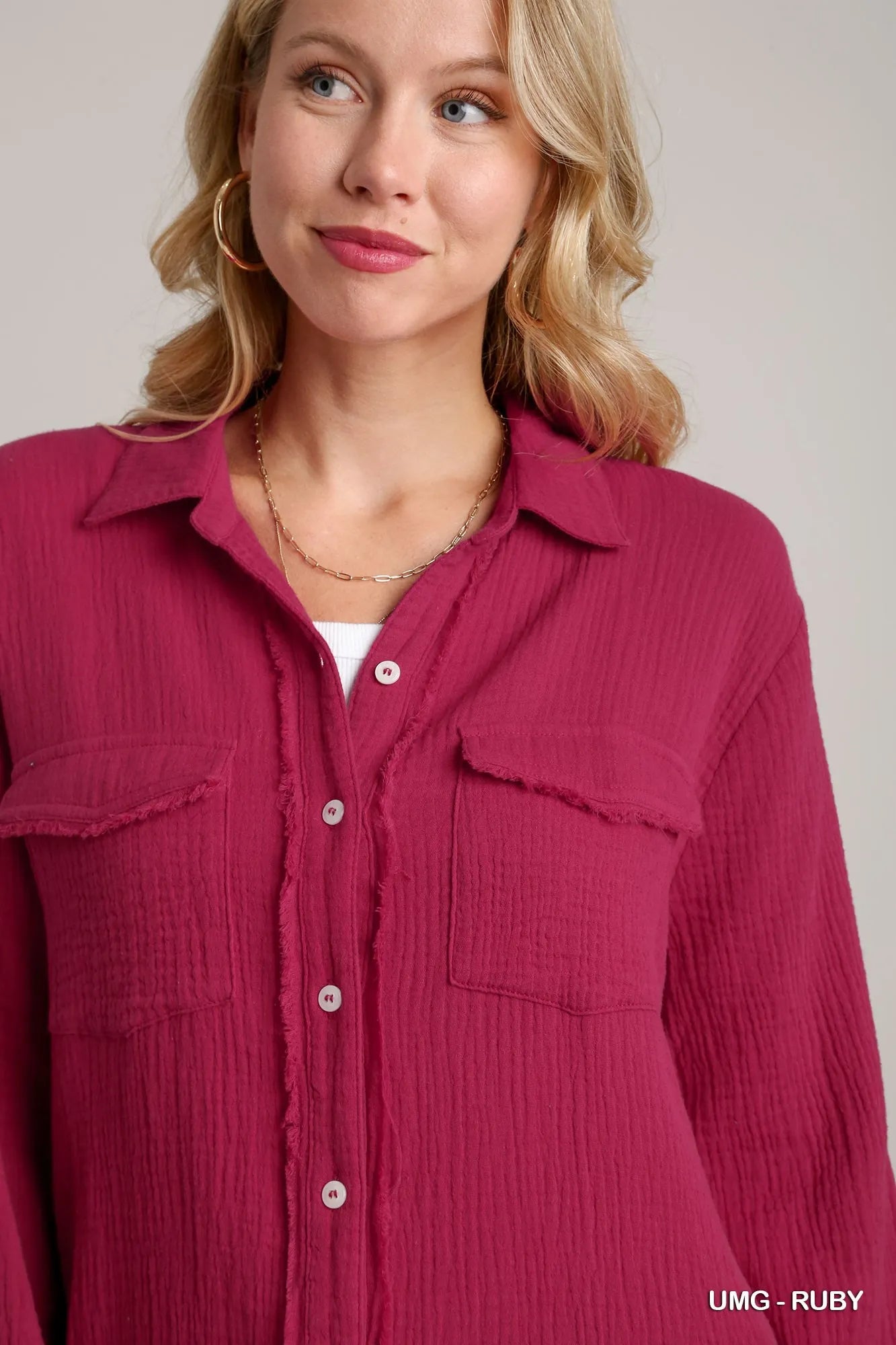 Umgee Cotton Gauze Button Down Shirt Dress Trendsi
