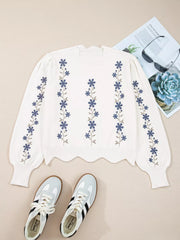 Floral Embroidered Scallop Hem Cropped Sweater Trendsi