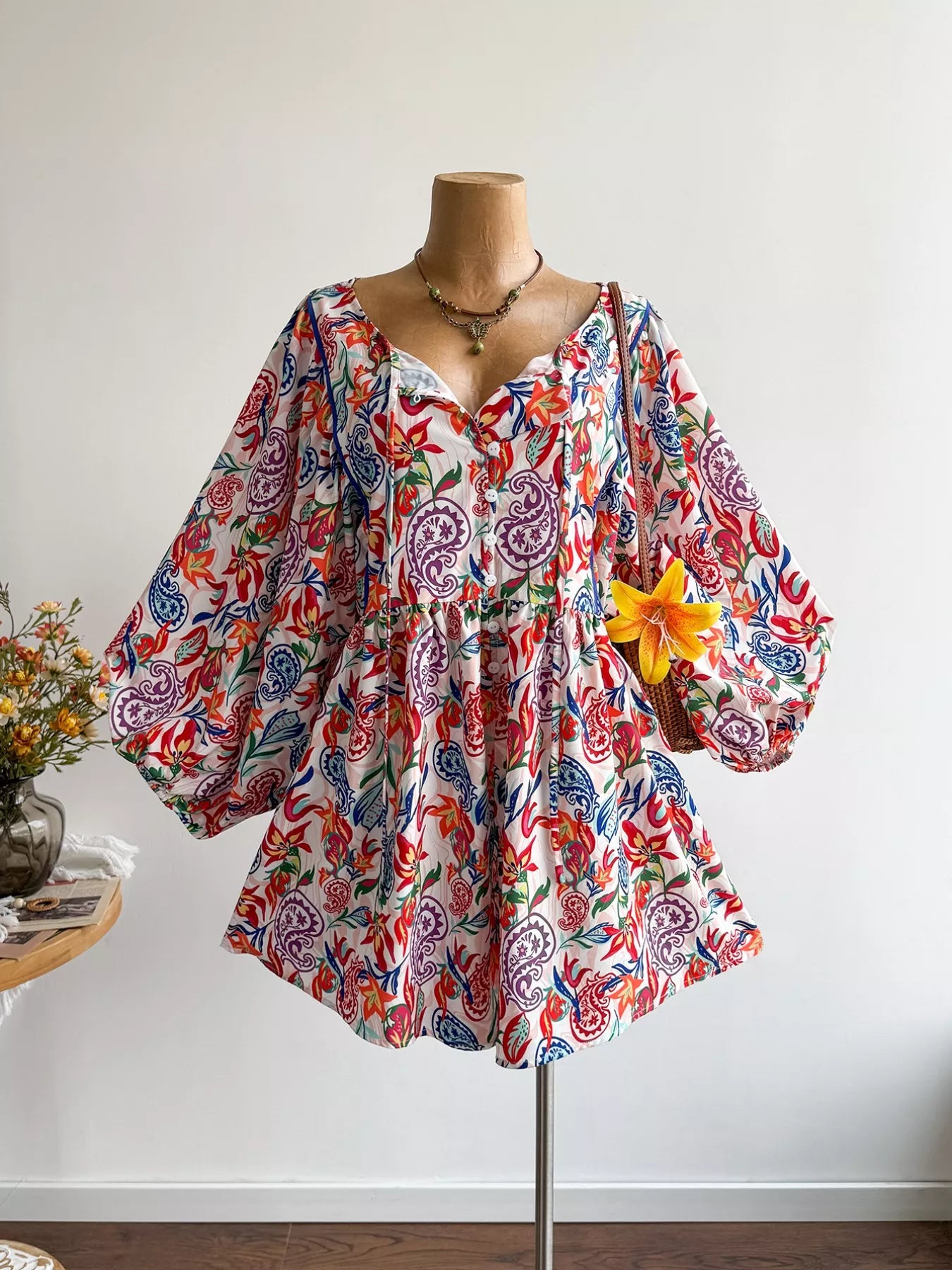 Plus Size Boho Floral Print Button-Down Romper Floral OutfitFlow