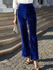 High-Waisted Wide Leg Velvet Pants Blue OutfitFlow