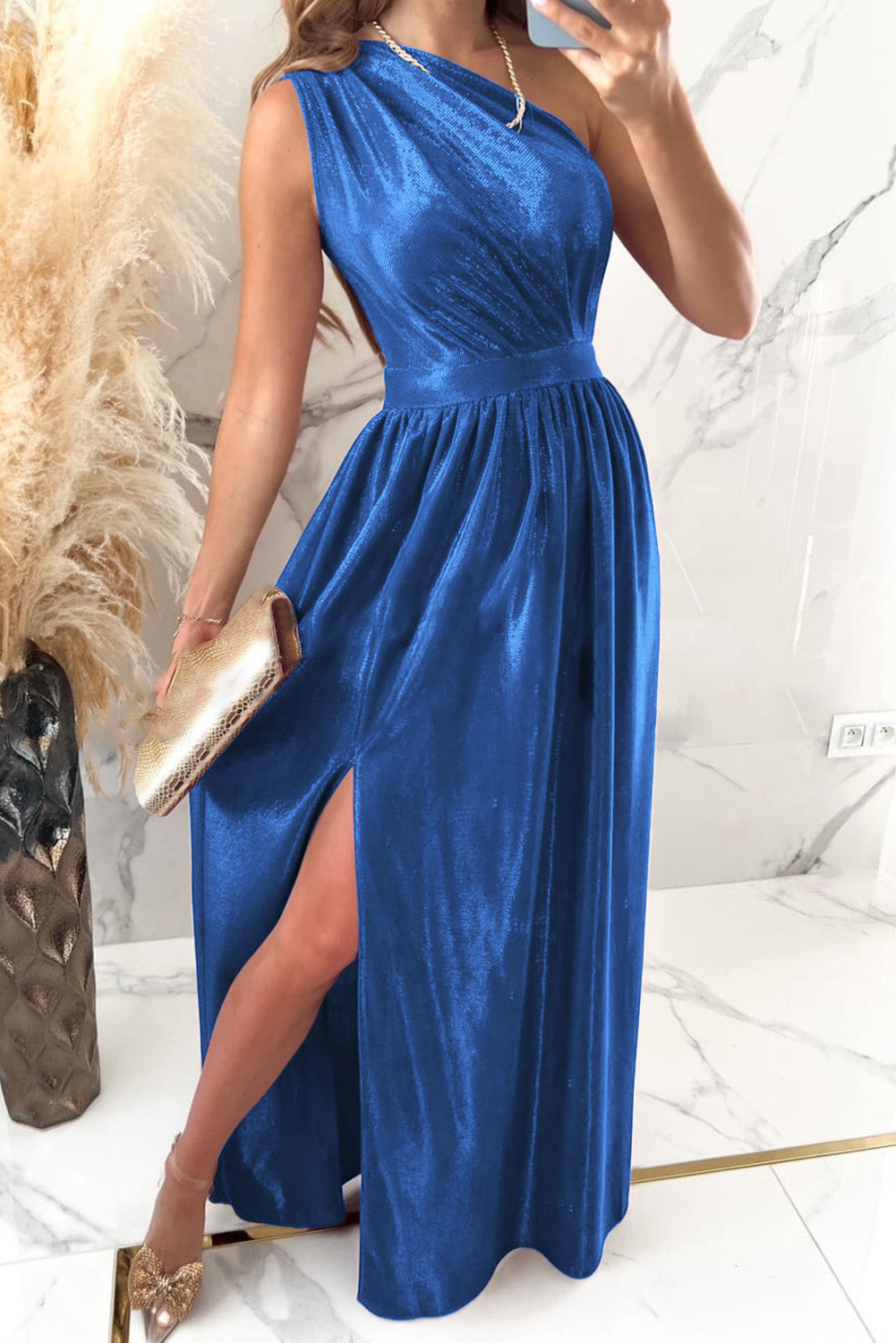 One Shoulder Slit Ruched Maxi Dress OutfitFlow