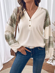 Plaid V-Neck Button Front Sweatshirt OutfitFlow