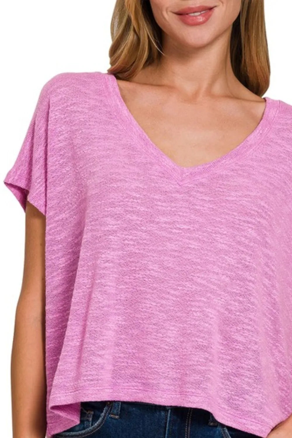 Zenana Hacci Slub V-neck Drop Shoulder Crop Top OutfitFlow