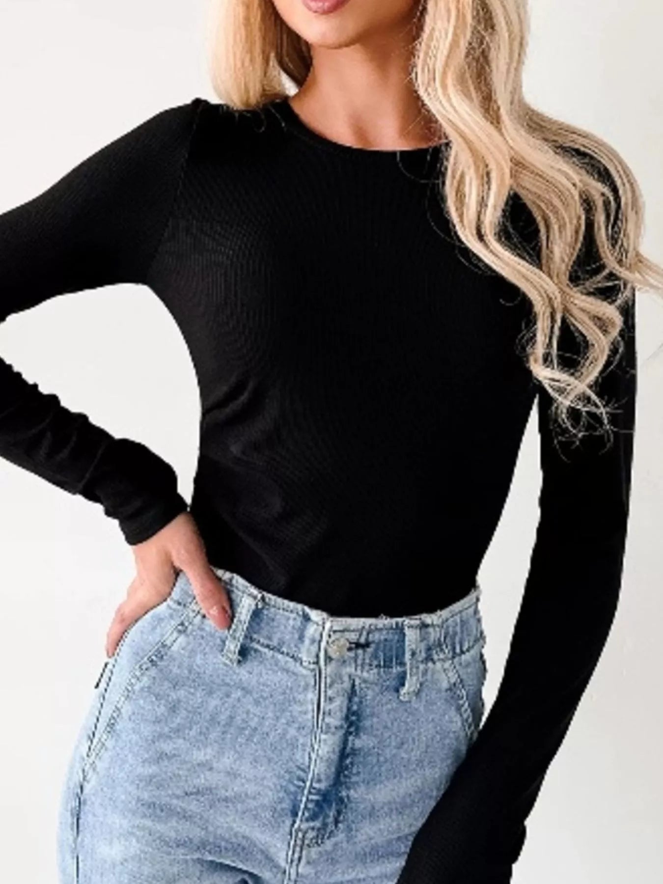 Ribbed Long Sleeve Fitted Bodysuit OutfitFlow