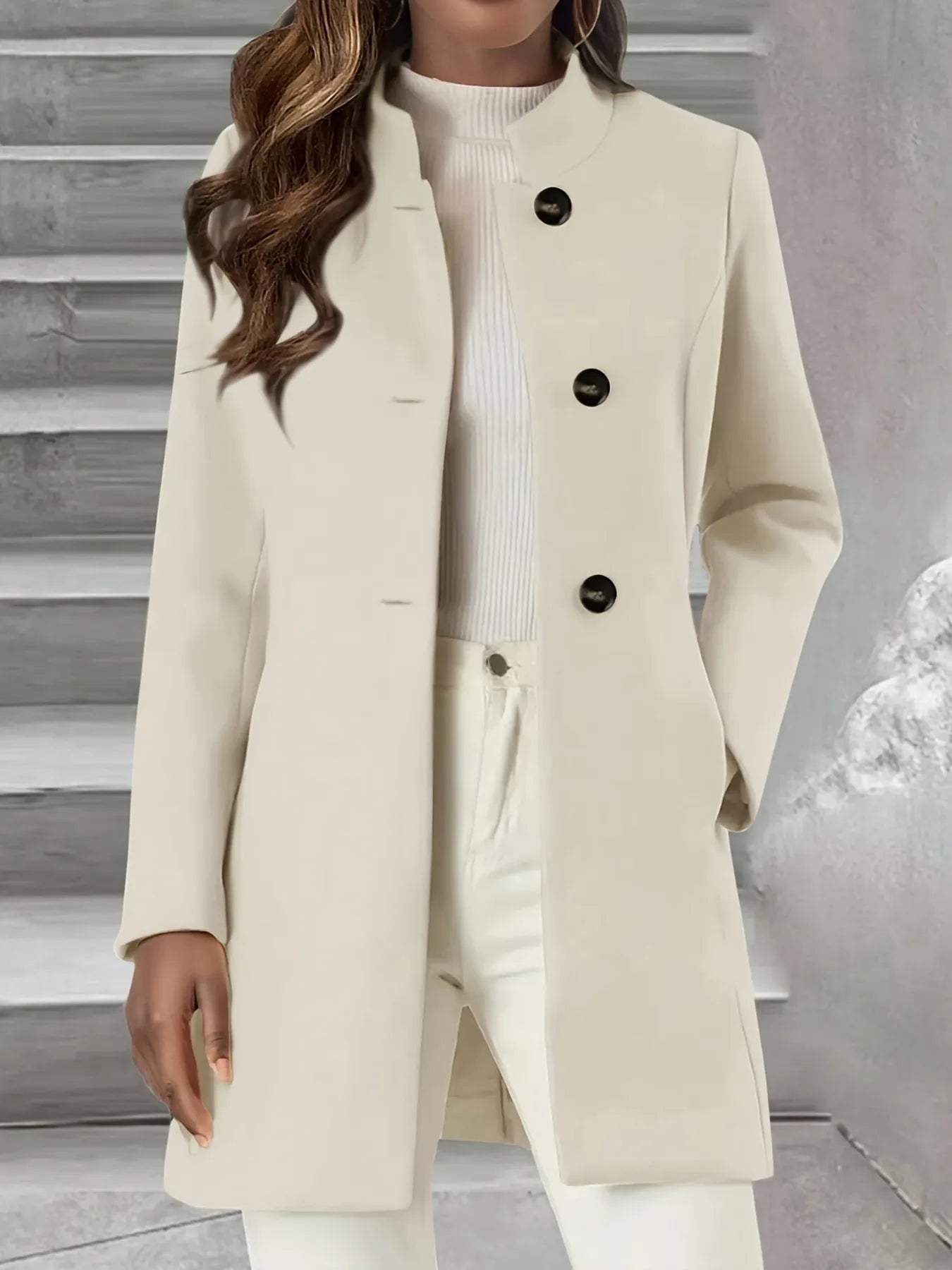 Single-Breasted Stand Collar Coat with Pocket Cream OutfitFlow