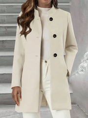 Single-Breasted Stand Collar Coat with Pocket Cream OutfitFlow