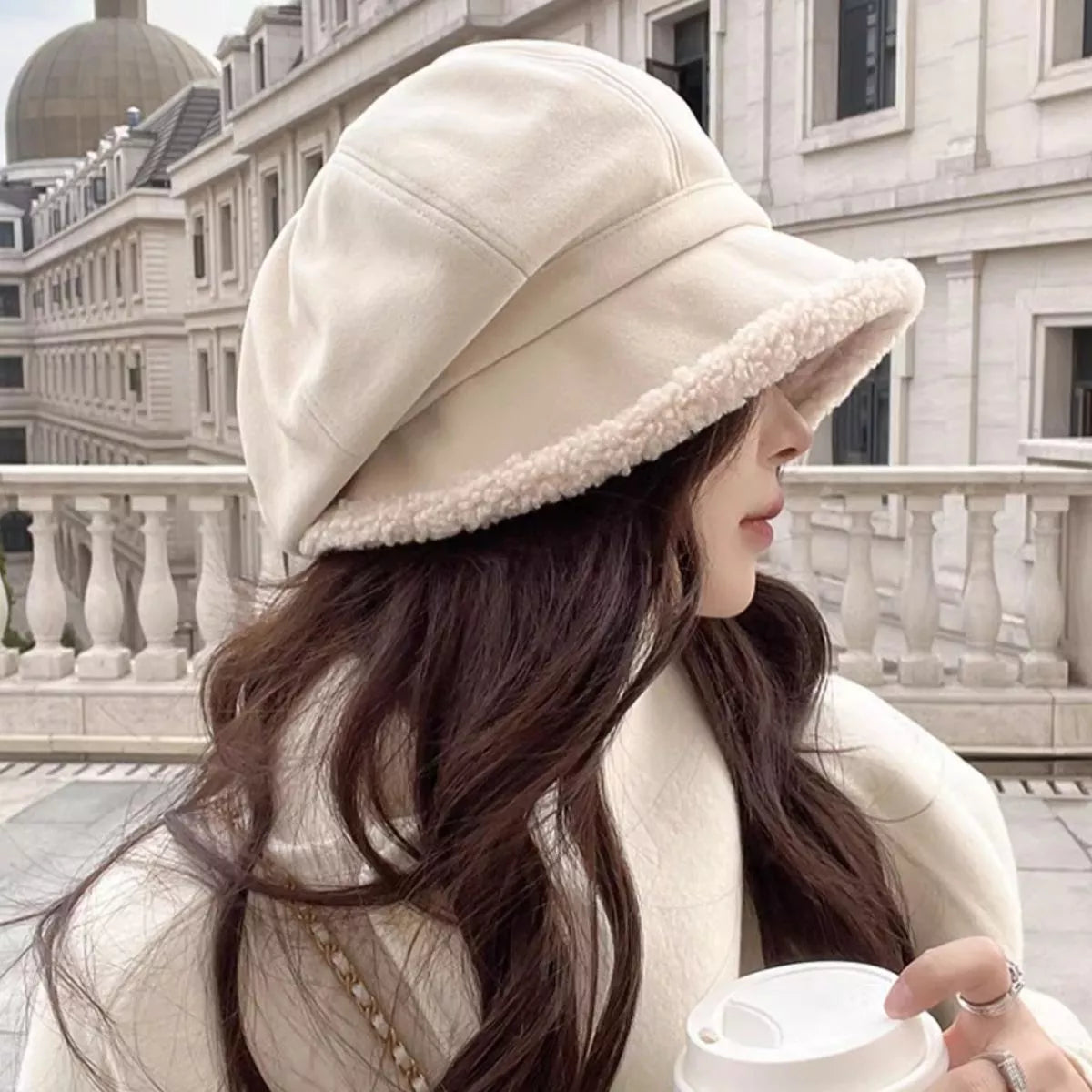 Plush Trim Baker Boy Hat Off-white One Size OutfitFlow