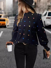 Colorful Heart Print Lantern Sleeve Blouse OutfitFlow