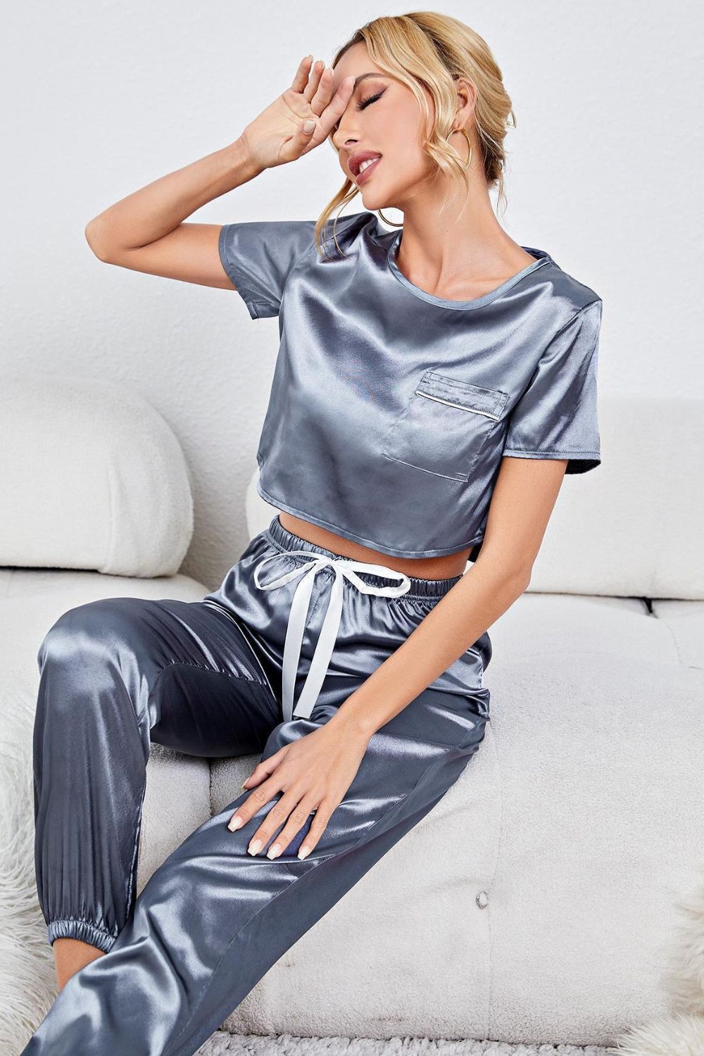 Outfit Flow - Satin Short Sleeve Crop Top and Joggers Lounge Set