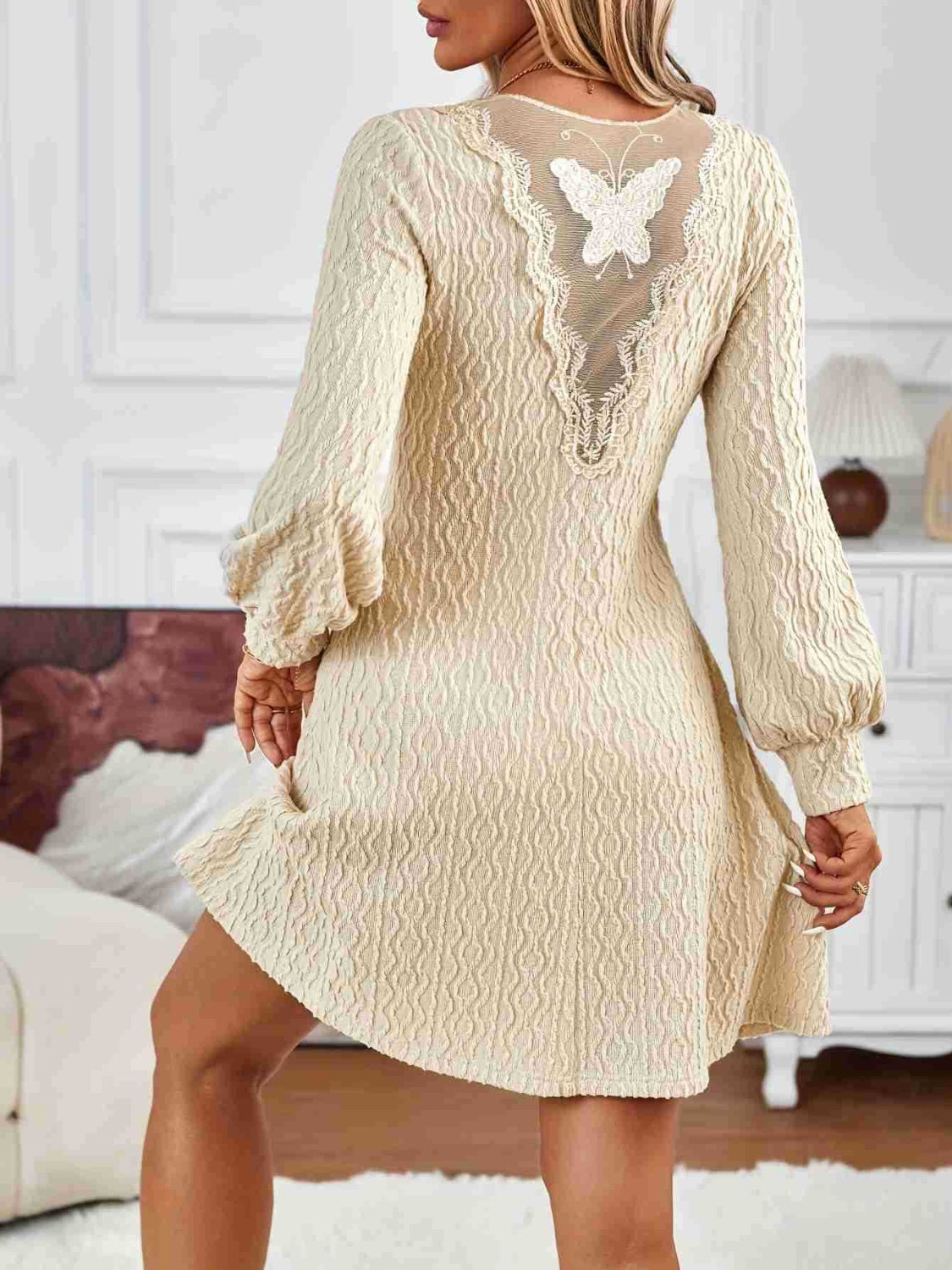 Outfit Flow - Lace Detail V-Neck Long Sleeve Dress