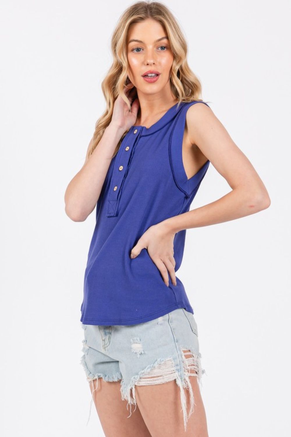 Ces Femme Stitch Detail Half Button Ribbed Tank