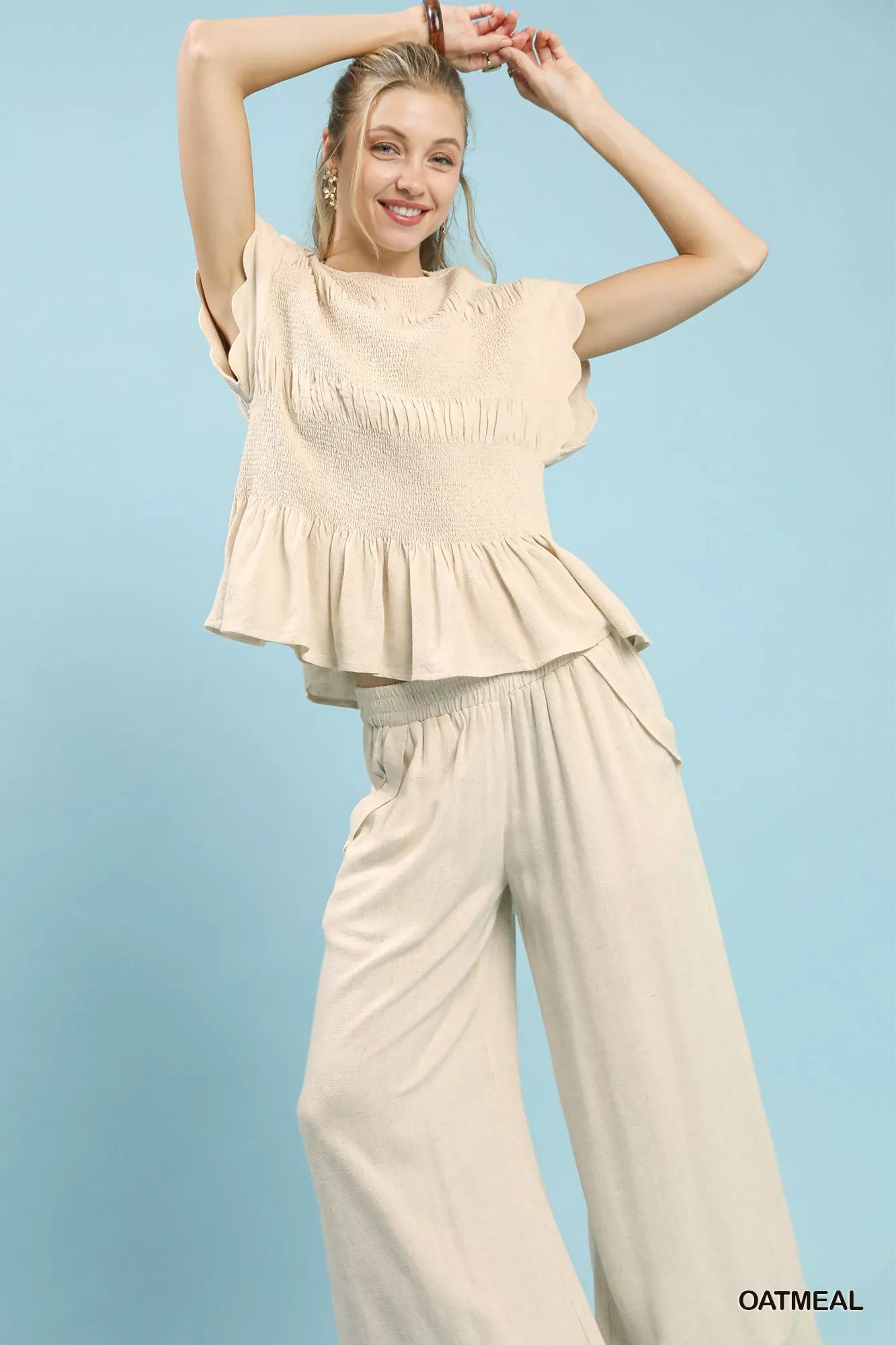 Umgee Linen Blend Smocked Peplum Blouse OutfitFlow