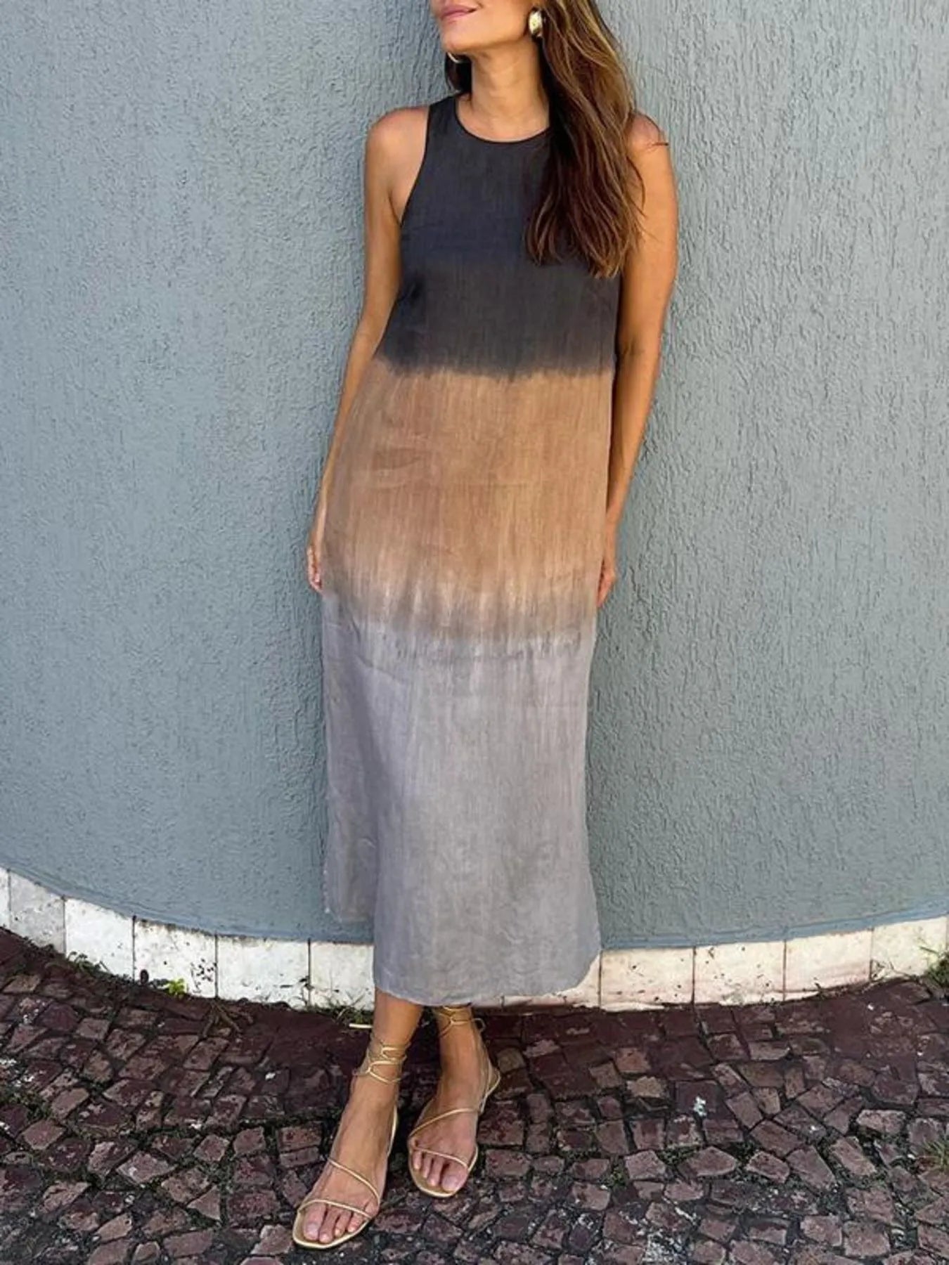 Full Size Sleeveless Gradient Tank Midi Dress Plus Size Gray OutfitFlow