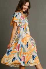 Umgee Full Size Abstract Print Flutter Sleeve Frill Tiered Midi Dress Plus Size OutfitFlow