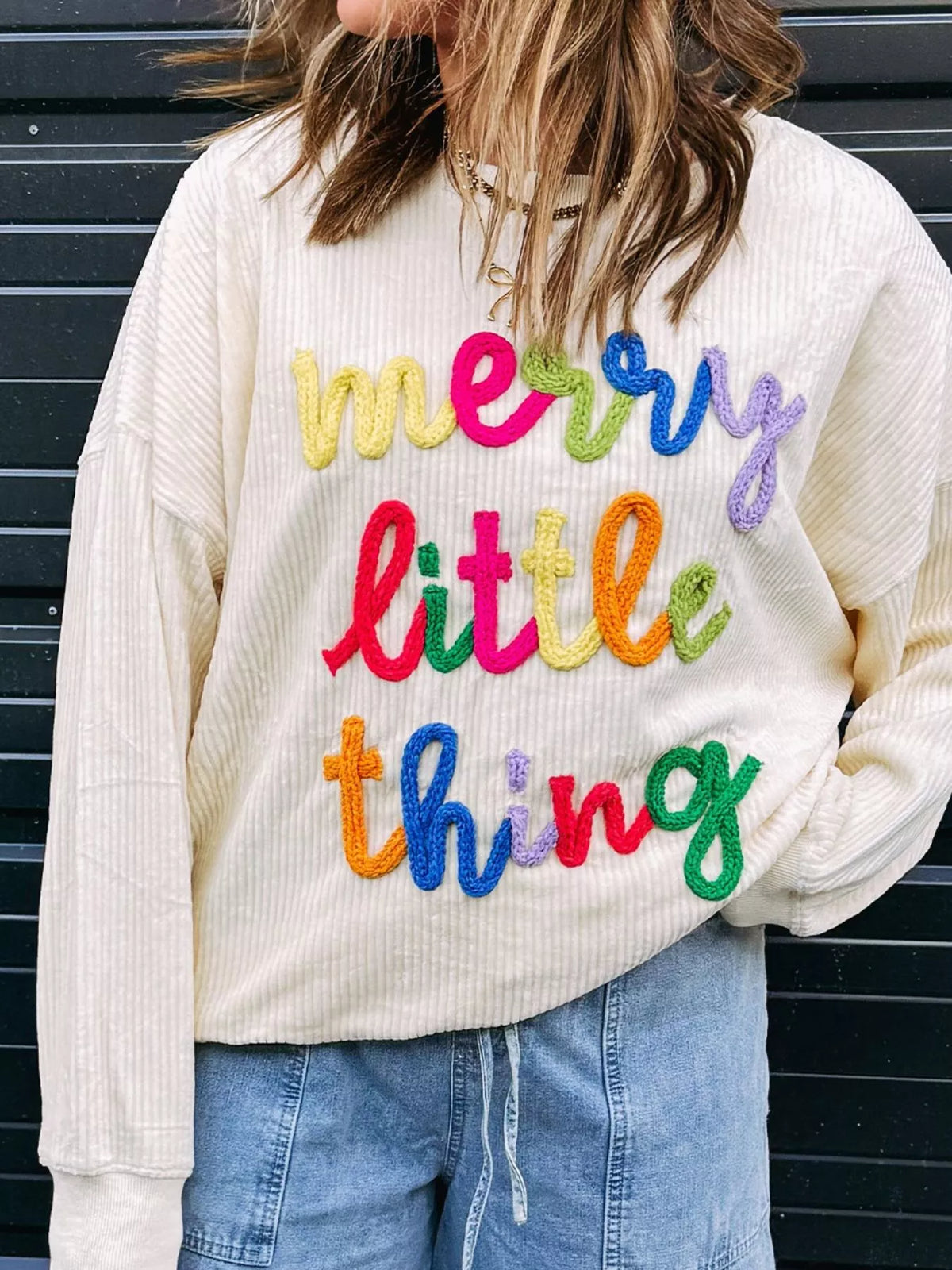 Merry Little Thing Corded Letter Graphic Ribbed Sweatshirt Beige OutfitFlow