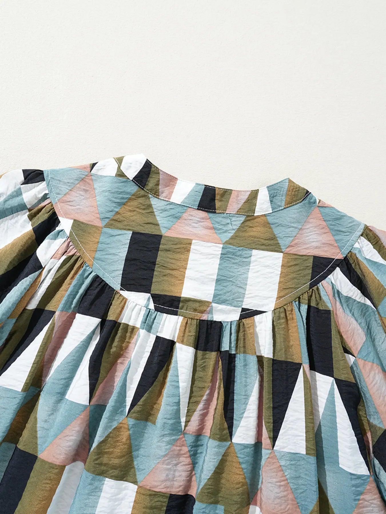 Geometric Print Buttoned Balloon Sleeve Loose Fit Shirt OutfitFlow