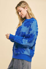 Davi & Dani Flower Texture Round Neck Dropped Shoulder Sweater