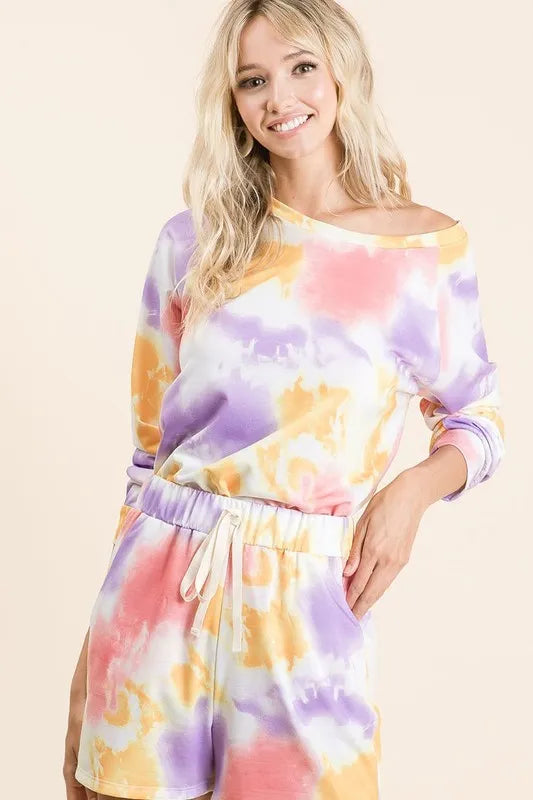 BiBi Tie Dye French Terry Top and Shorts Set OutfitFlow