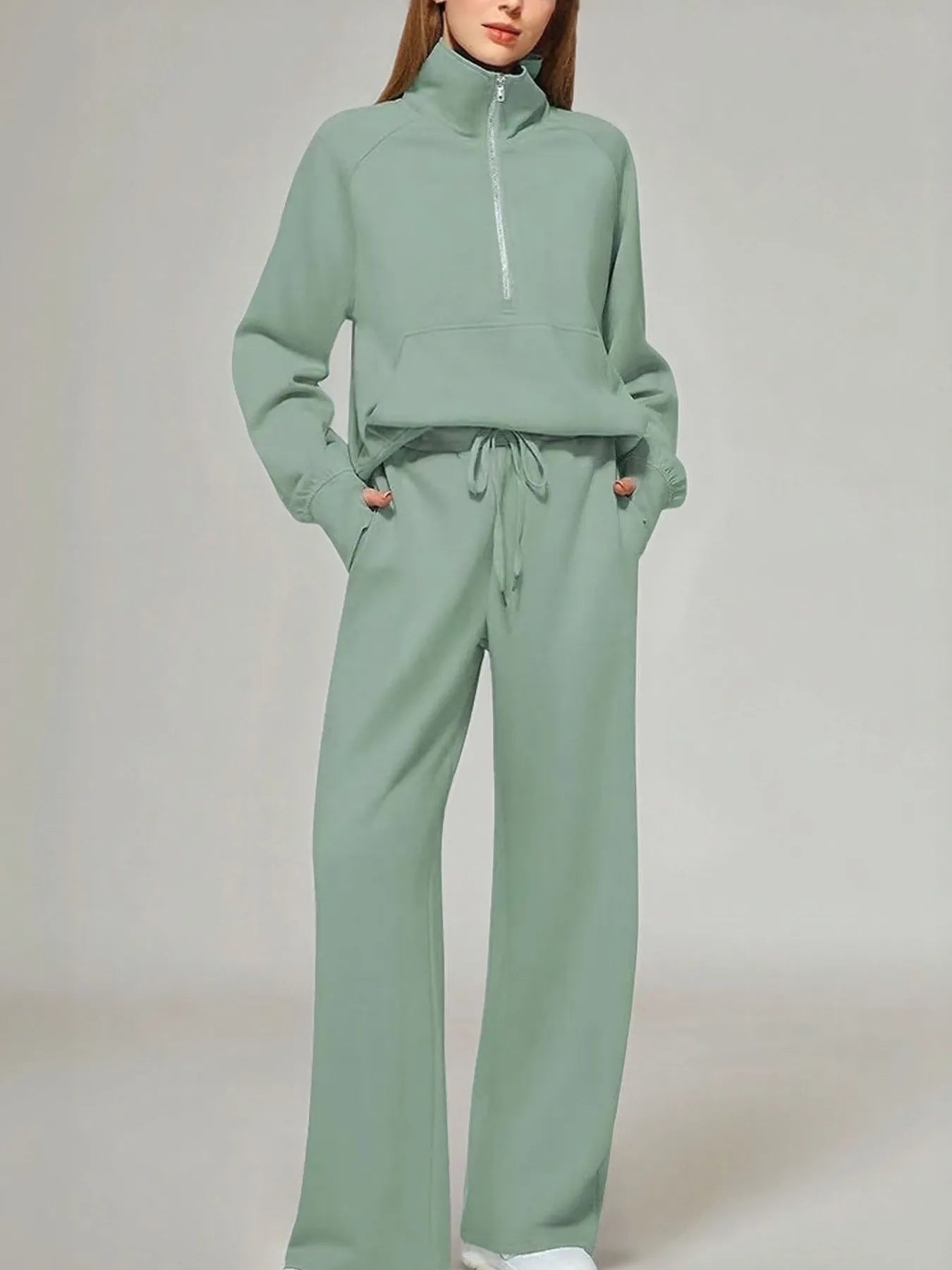 Half Zip Long Sleeve Top and Pants Set Green OutfitFlow