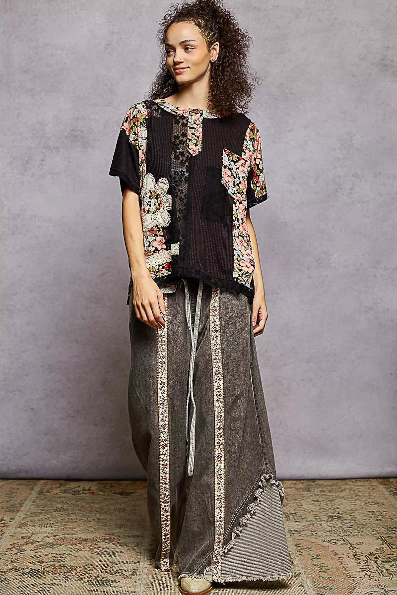 POL Lace Round Neck Short Sleeve Floral Pattern Top with Patch Detail Trendsi