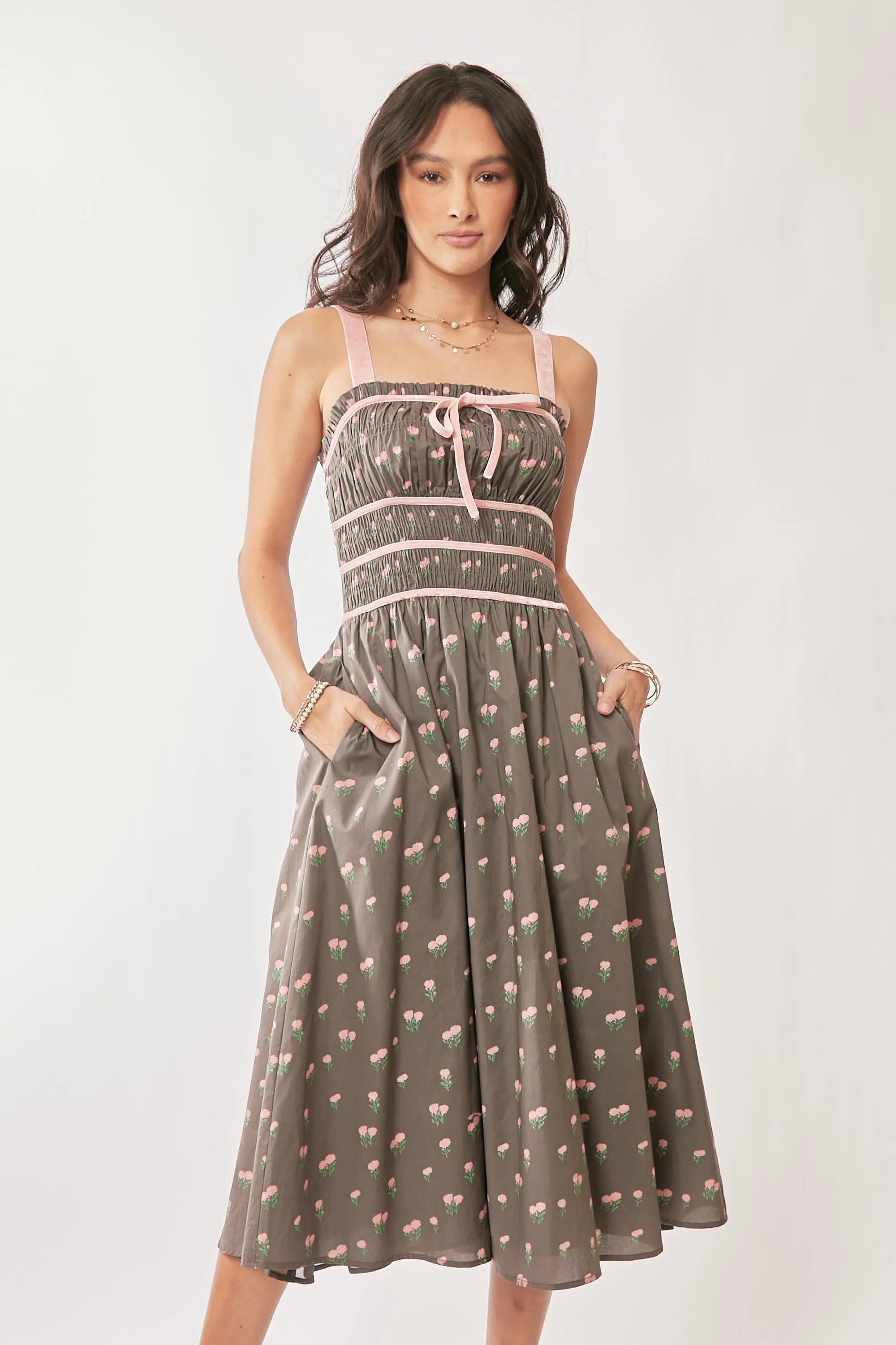 Davi & Dani Contrast Velvet Tape Smocking Bodice Midi Dress OutfitFlow
