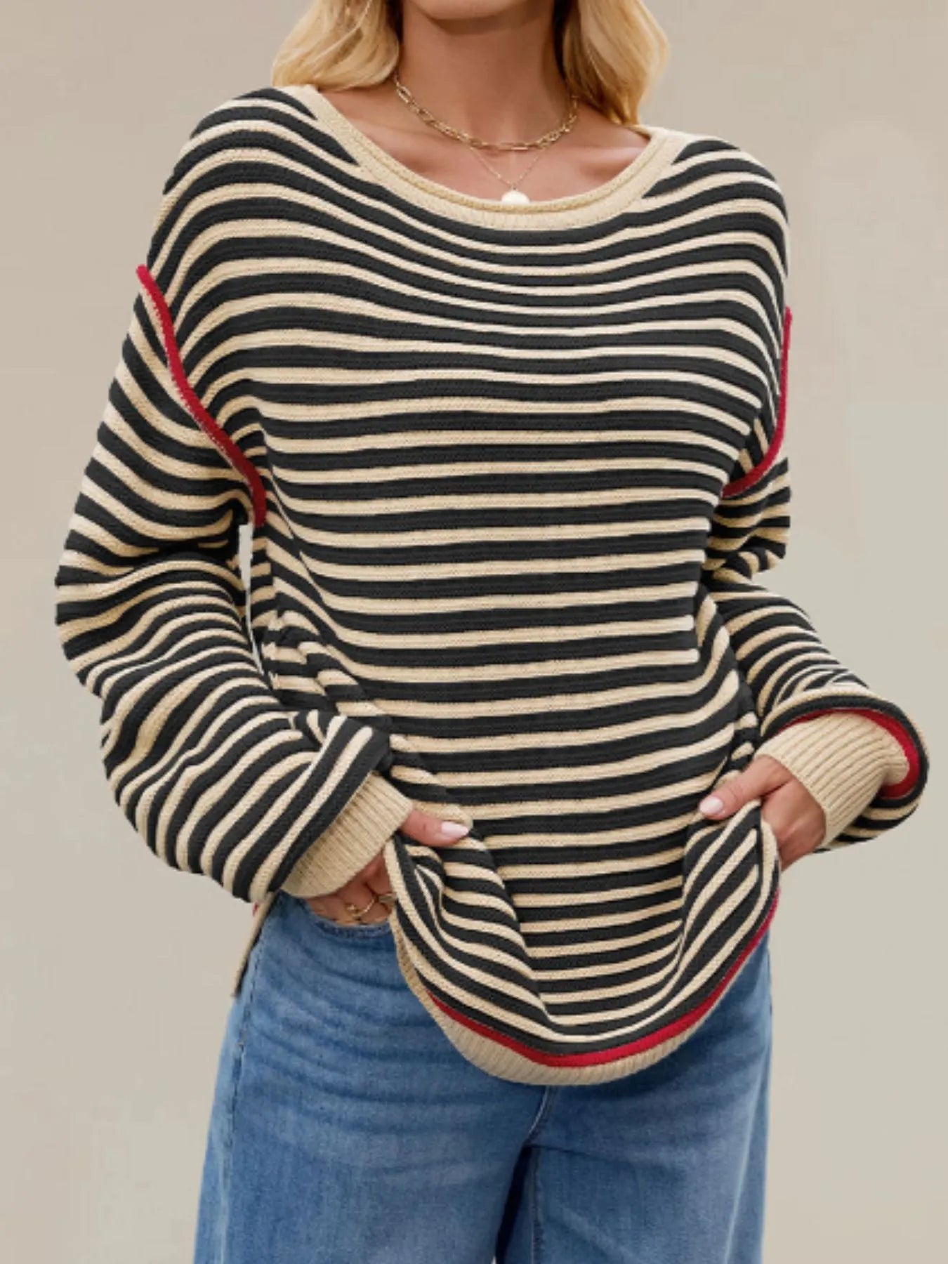 Slit Striped Oversized Sweater OutfitFlow
