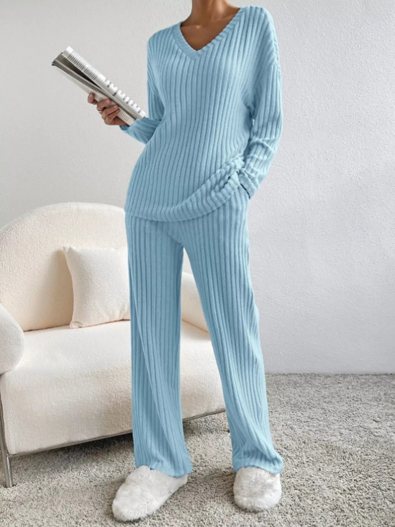 Ribbed Knit Long Sleeve Top and Pants Set OutfitFlow
