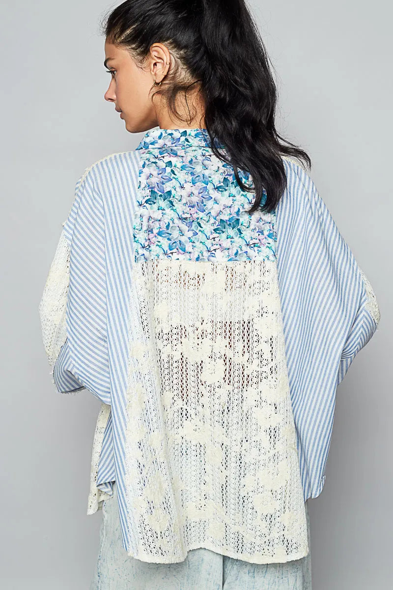POL Lace Long Sleeve Shirt with Floral and Striped Pattern OutfitFlow