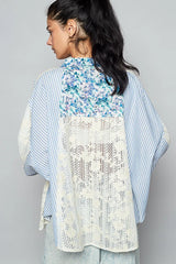 POL Lace Long Sleeve Shirt with Floral and Striped Pattern OutfitFlow