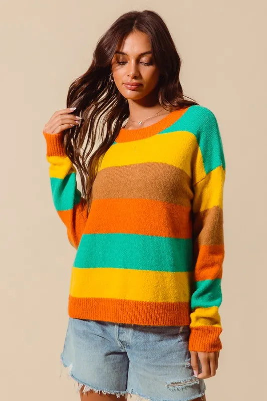 SO ME Multi Color Stripe Sweater with Ribbed Detail OutfitFlow