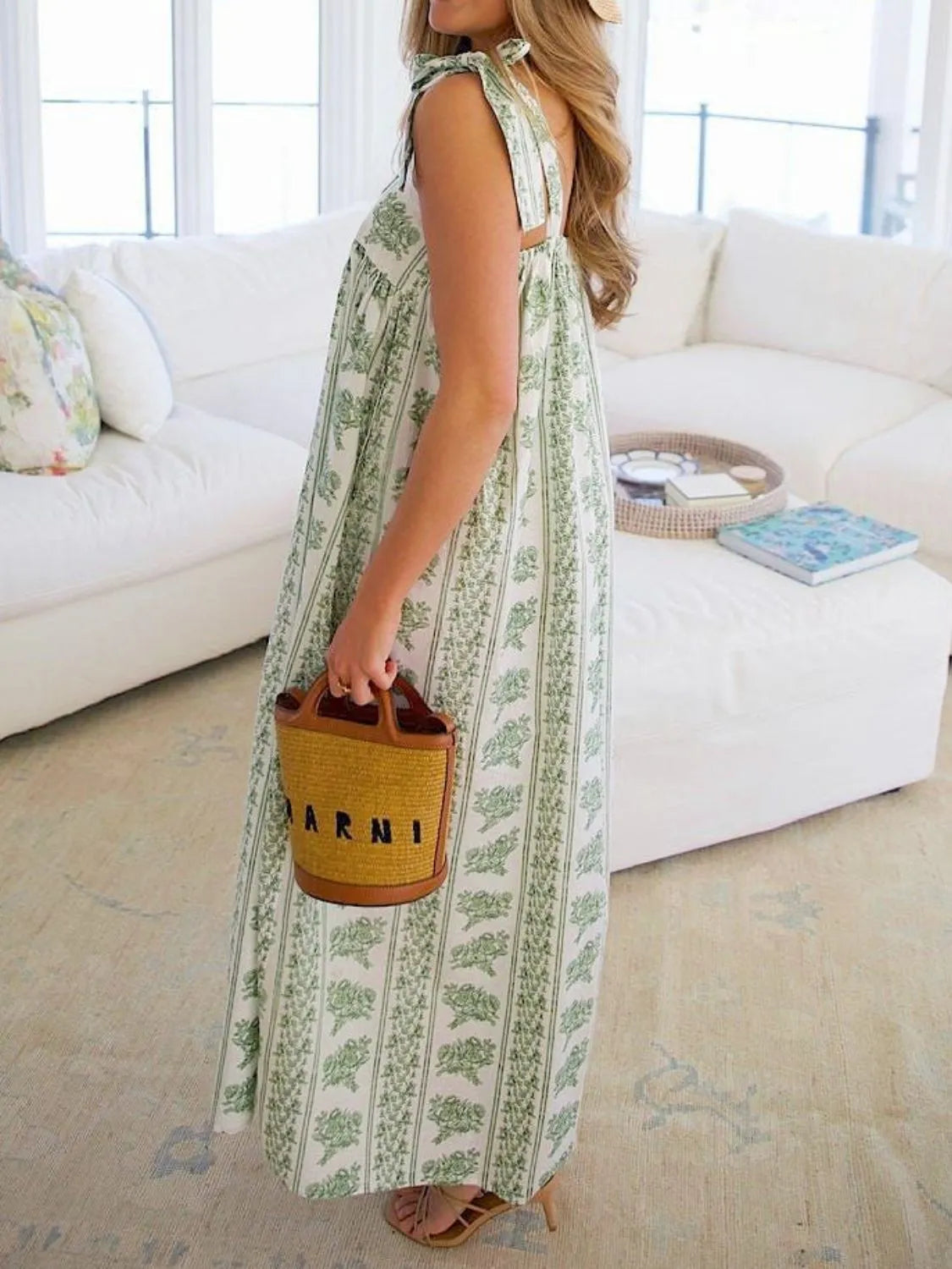 Printed Tie Shoulder Square Neck Midi Dress OutfitFlow