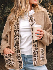 Casual Leopard Print Accent Plush Jacket with Pockets OutfitFlow