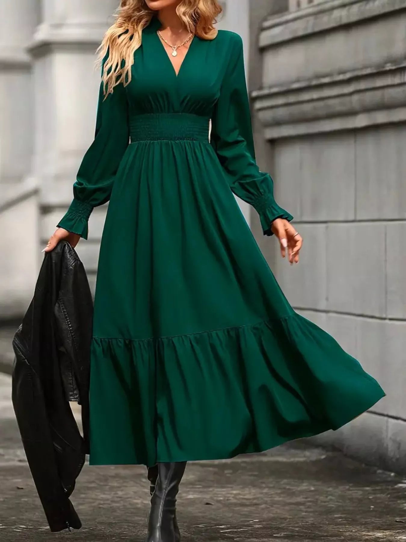 Surplice Long Sleeve Tiered Midi Dress OutfitFlow