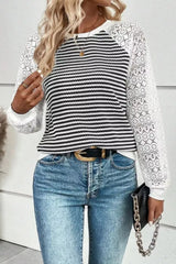 Striped Lace Raglan Sleeve Blouse Trendsi