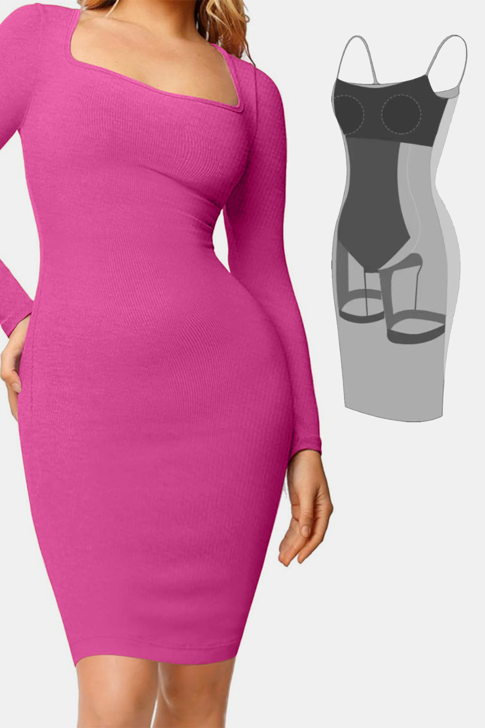 Outfit Flow - Basic Bae Full Size Built-In Shapewear Square Neck Long Sleeve Dress