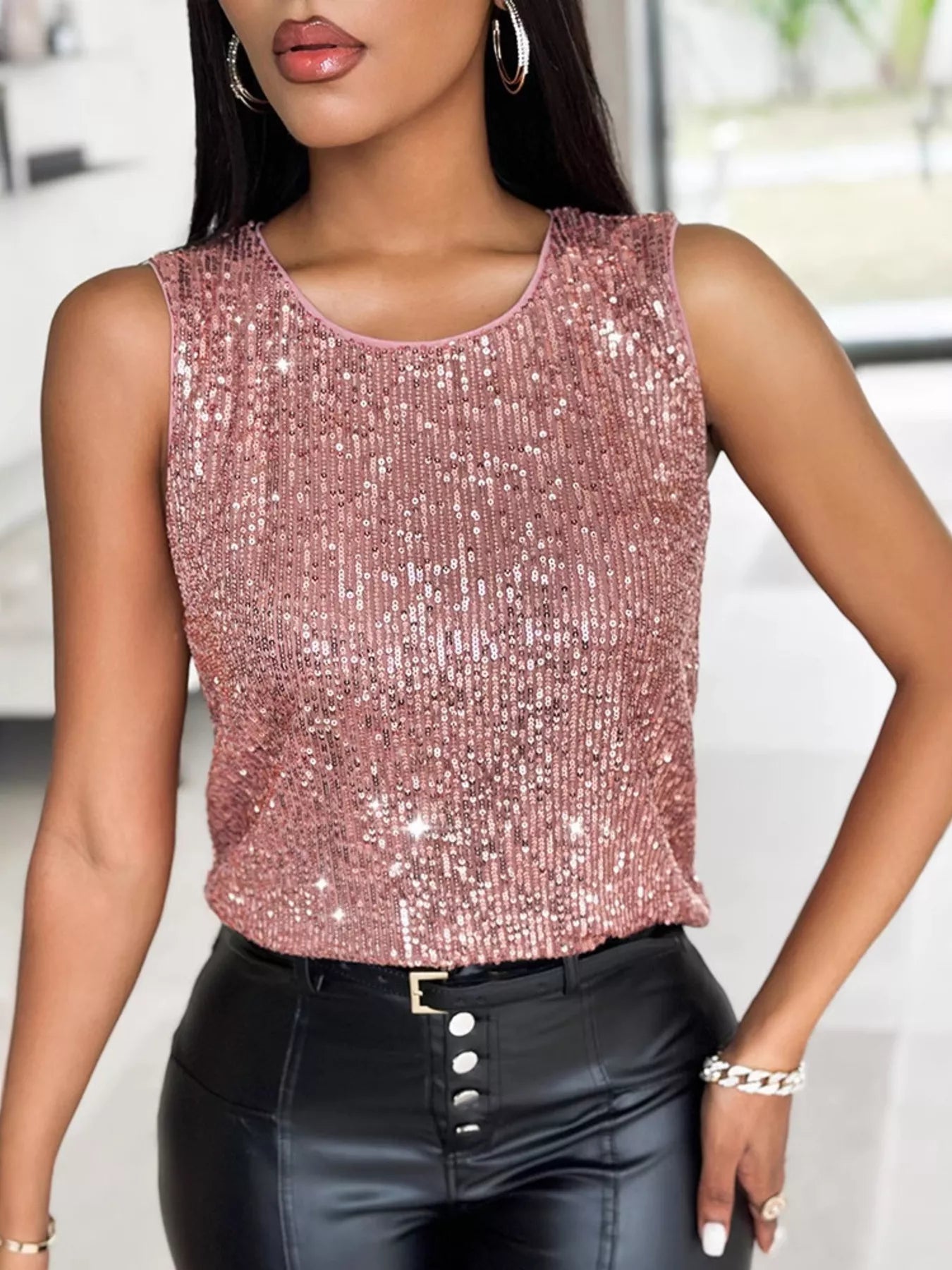 Sequin Round Neck Tank Top Pink Trendsi