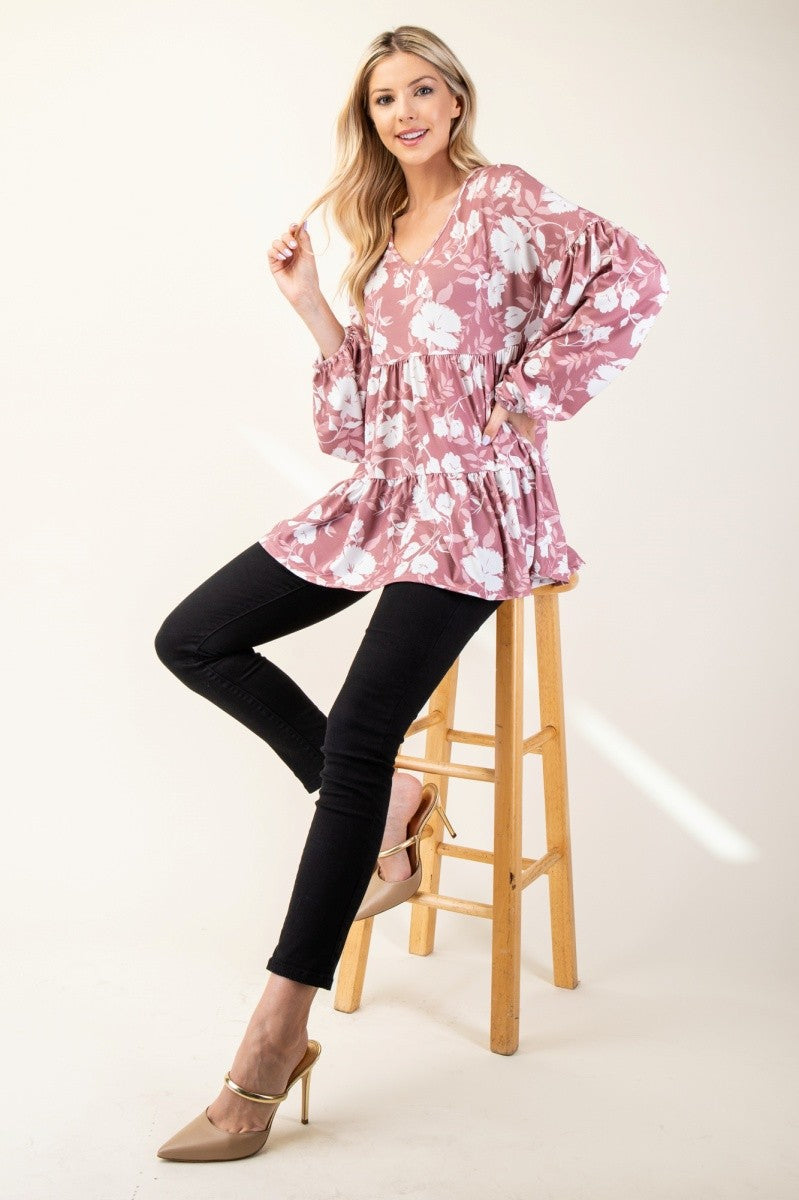 Outfit Flow - Celeste Full Size Tiered Floral V-Neck Long Sleeve Blouse