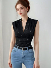 Surplice Sleeveless Slim Blouse OutfitFlow