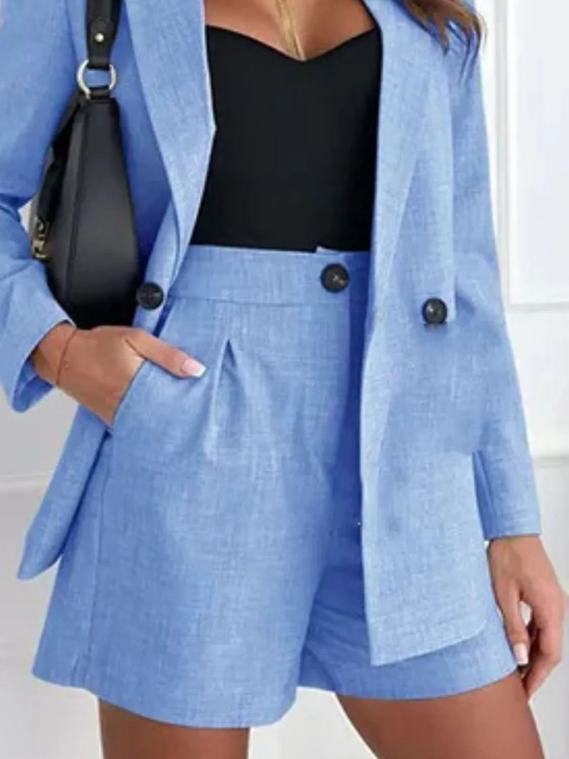 One Button Lapel Collar Blazer and Shorts Set OutfitFlow