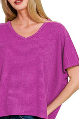 Zenana Ribbed V-Neck Short-Sleeve Knit Top OutfitFlow